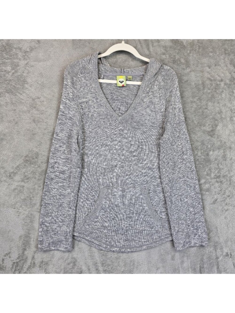 Roxy Sweater Hoodie Womens L Gray V Neck Knit Pullover Kangaroo Pocket